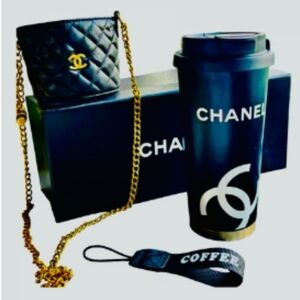 Black Quilted Crossbody Bag & Black Travel Coffee Tumbler Set